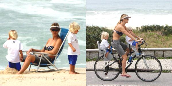 Fernanda Lima leva os gêmeos à praia