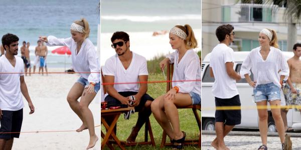 Angélica grava matéria com Caio Castro na praia