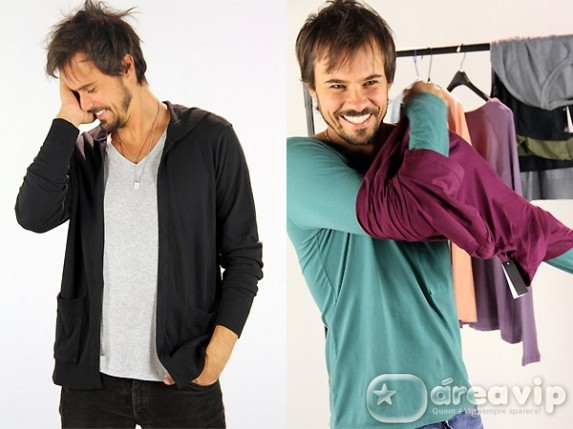 Paulo Vilhena posa com roupas de sua grife