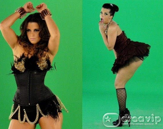 Renata Santos grava clipe com roupas sensuais