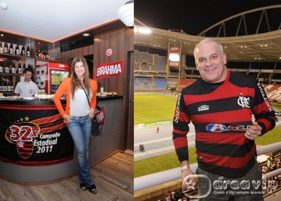 Cristiana Oliveira e Sandro Rocha curtem jogo do Flamengo em Camarote