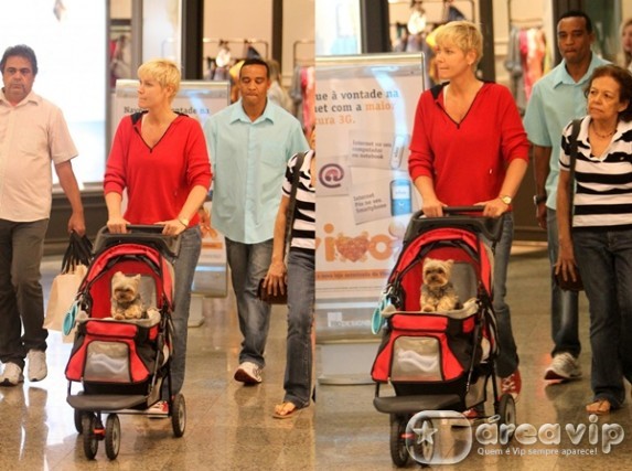 Xuxa é clicada passeando com seu cachorro em carrinho de bebê