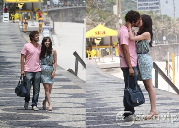 Marjorie Estiano e Rafael Cardoso gravam na praia