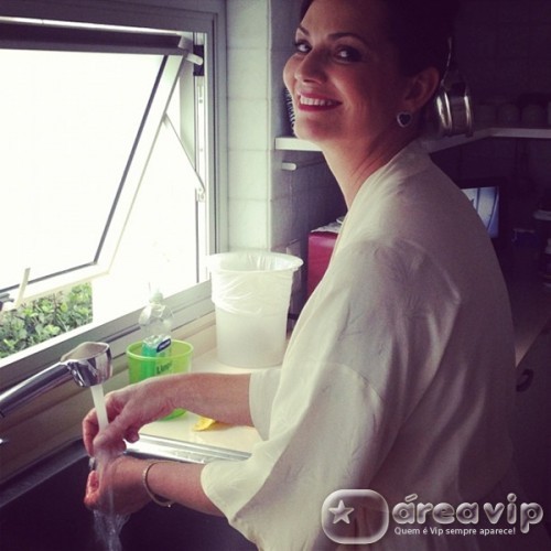 Luiza Brunet aparece em foto lavando louça