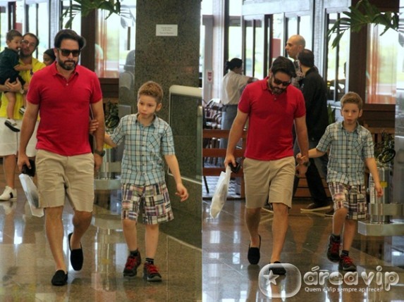 Murilo Benício passeia com o filho em shopping do Rio