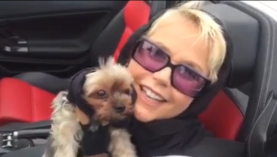 Xuxa grava chamada para seu programa com seu cachorrinho em uma Lamborghini
