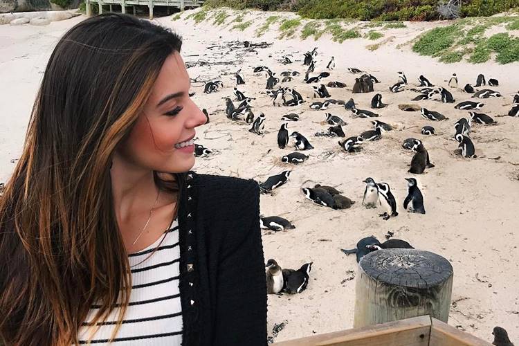 Giovanna Lancellotti posa com pinguins em viagem na África do Sul