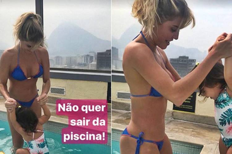 Deborah Secco exibe boa forma em dia de piscina com Maria Flor