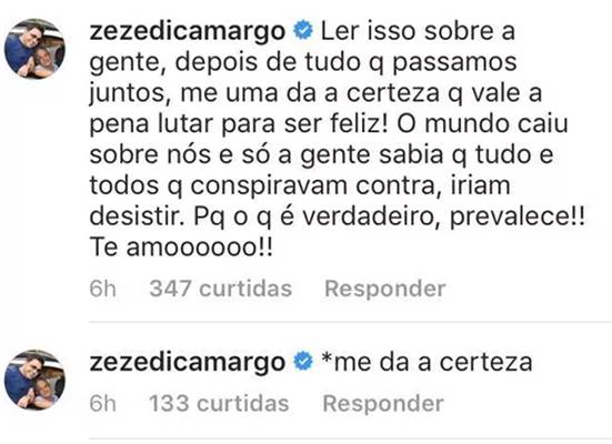 Comentário Zezé Di Camargo (Reprodução/Instagram)