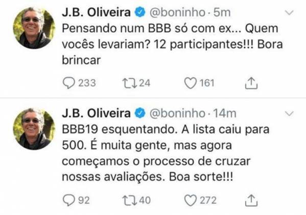 Publicações Boninho - Reprodução/Twitter