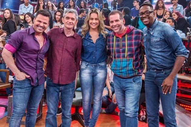 Eduardo Costa, Serginho Groisman, Fernanda Gentil, Leandro Hassum e Mumuzinho (Globo/Fábio Rocha)