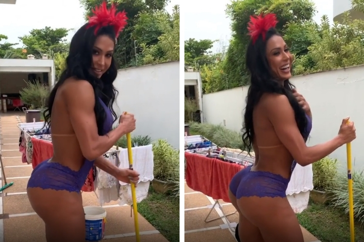 Gracyanne Barbosa faz faxina de lingerie e brinca: “Você não limpa assim?”