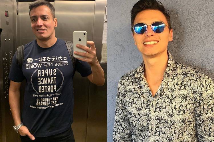 Leo Dias e Gabriel Torres, noivo de Mara Maravilha, curtem peça de teatro