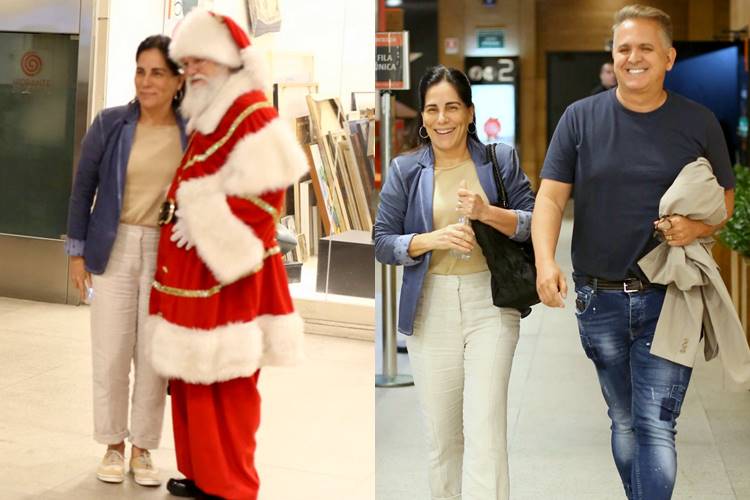 Gloria Pires posa com Papai Noel em shopping e curte cinema com o marido