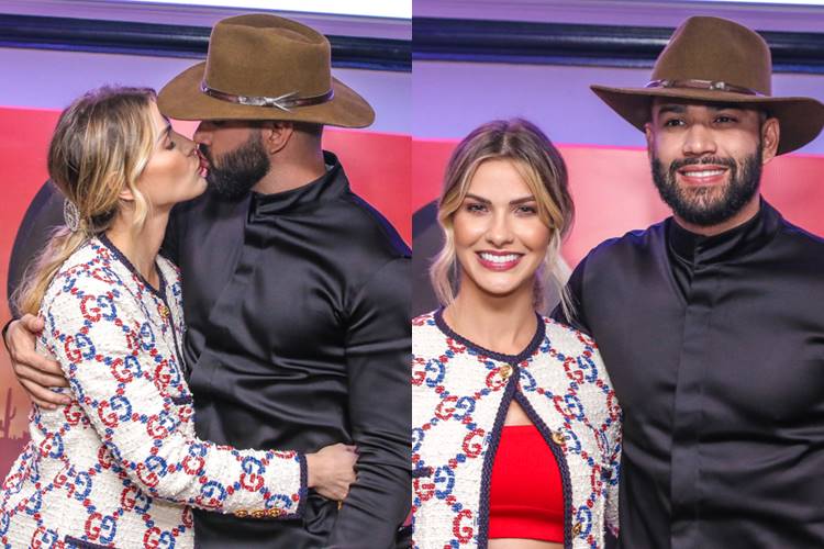 Sertanejo Gusttavo Lima e Andressa Suita trocam beijos durante lançamento de DVD do cantor