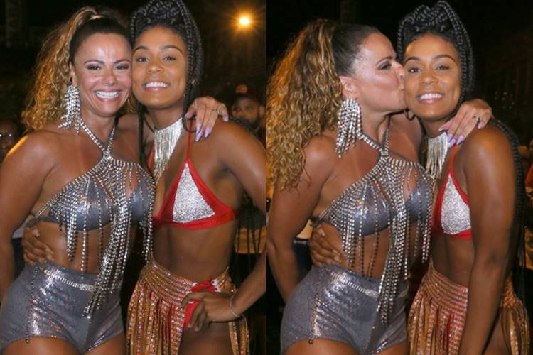 Viviane Araújo posa com MC Rebecca durante ensaio de rua do Salgueiro