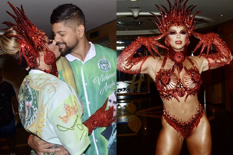 Viviane Araújo surge aos beijos com o namorado antes do desfile no Anhembi