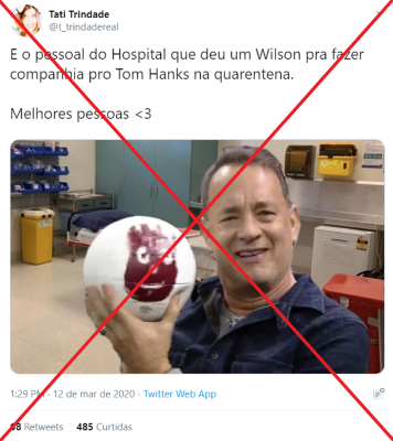 BB119EeR Imagem de Tom Hanks junto com “Wilson” em hospital é montagem; a foto do ator foi registrada em 2015