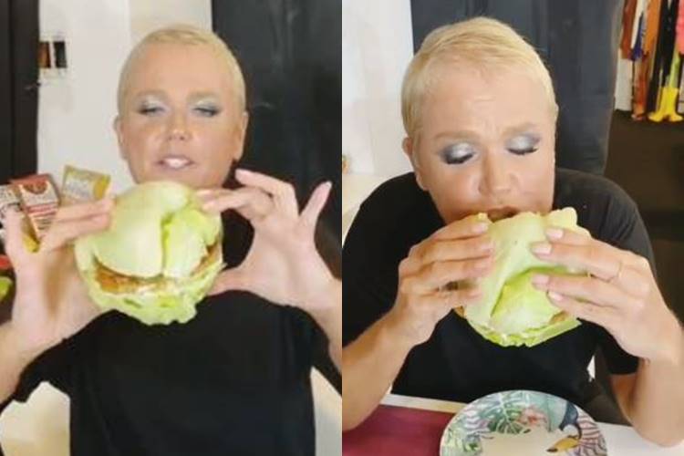 Xuxa Meneghel surge comendo sanduíche de alface e brinca: “Mais do que vegano”