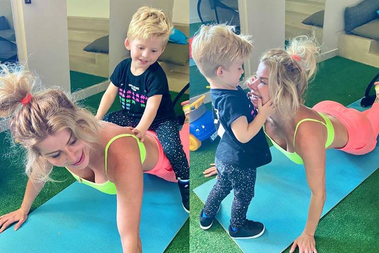 Karina Bacchi mostra companheirismo do filho durante treino em casa