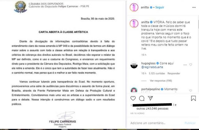 Após cobrança de Anitta, deputado retira emenda sobre direitos autorais