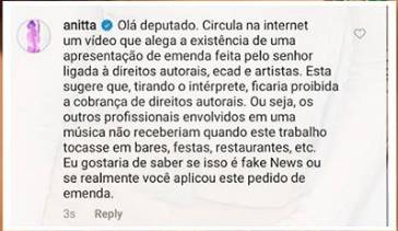 Reprodução Instagram Anitta alfineta deputado após divulgação de medida provisória