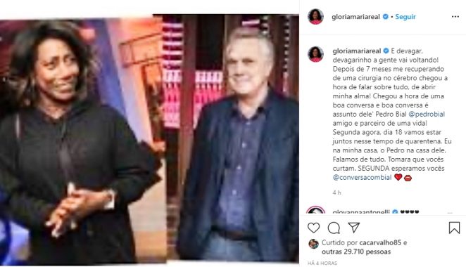 Glória Maria e Pedro Bial reprodução Instagram Glória Maria e Pedro Bial reprodução Instagram