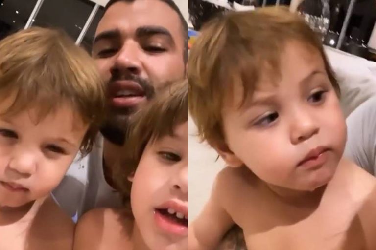 Gusttavo Lima brinca com os filhos: “Ensinando a piscar para as gatinhas”