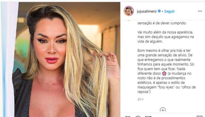 Internautas estranham rosto de Juju Salimeni e ela explica situação