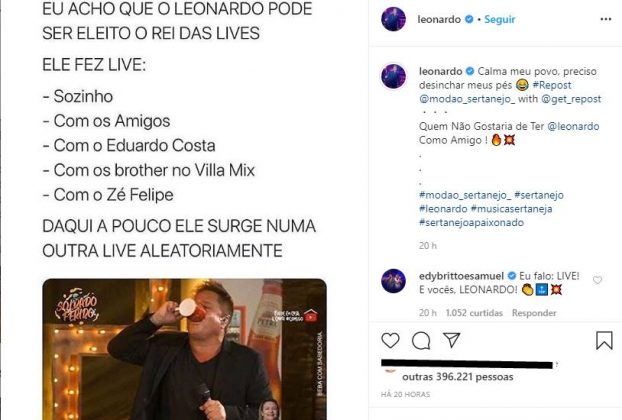 Sertanejo Leonardo faz brincadeira sobre bebedeira em live