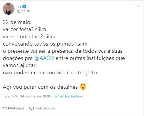 Maisa anuncia festa virtual e anima fãs