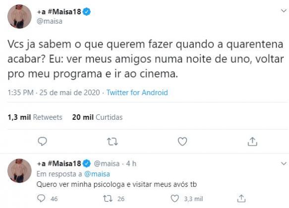 Reprodução Twitter Maisa revela planos para o fim da quarentena