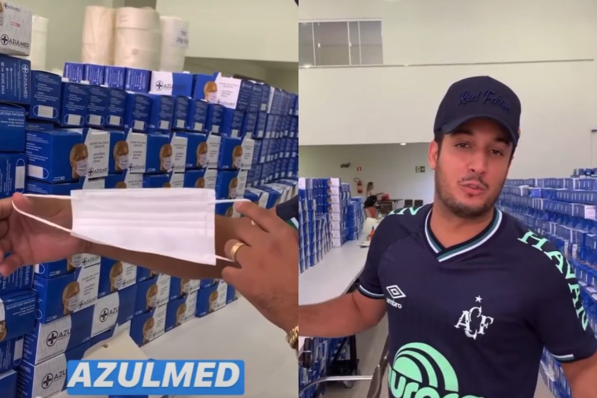 O cantor sertanejo Barretto em sua fábrica e a máscara produzida por ele - Reprodução: Instagram (Motnagem: Área VIP