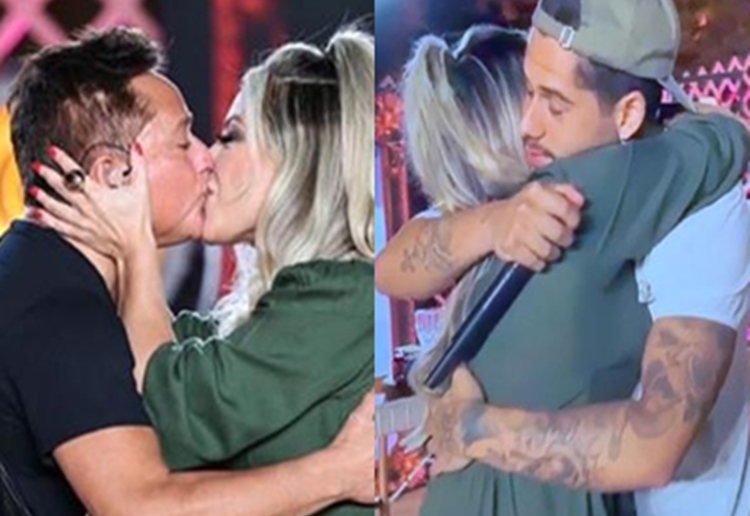 Mulher de Leonardo se emociona em live do marido e do filho, Zé Felipe