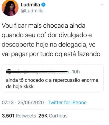 Ludmilla ameaça internauta que a envolveu em polêmica de traição