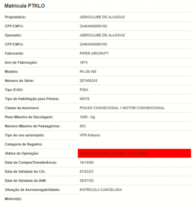Dados do Registro Aeronáutico Brasileiro (RAB) evidenciam que o avião onde estava Gabriel Diniz não poderia fazer táxi aéreo; matrícula da aeronave foi cancelada Foto: Reprodução
