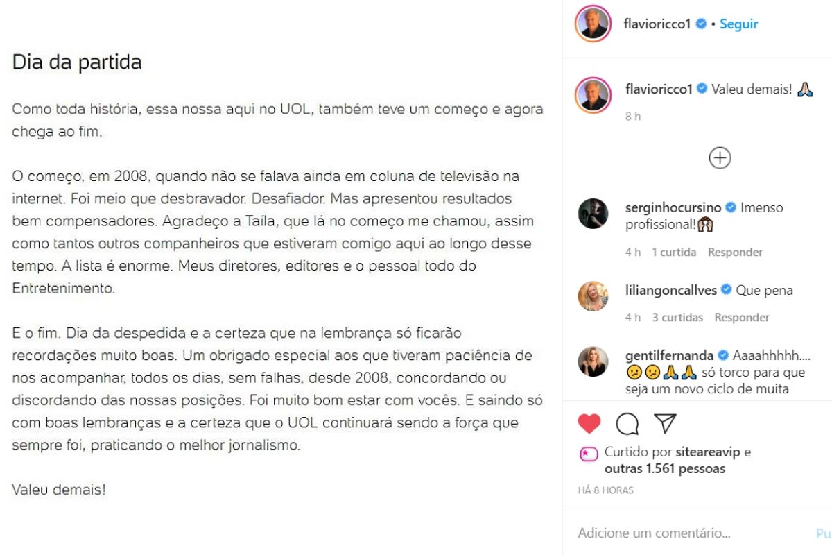 A publicação de Flávio Rico - Reprodução: Instagram