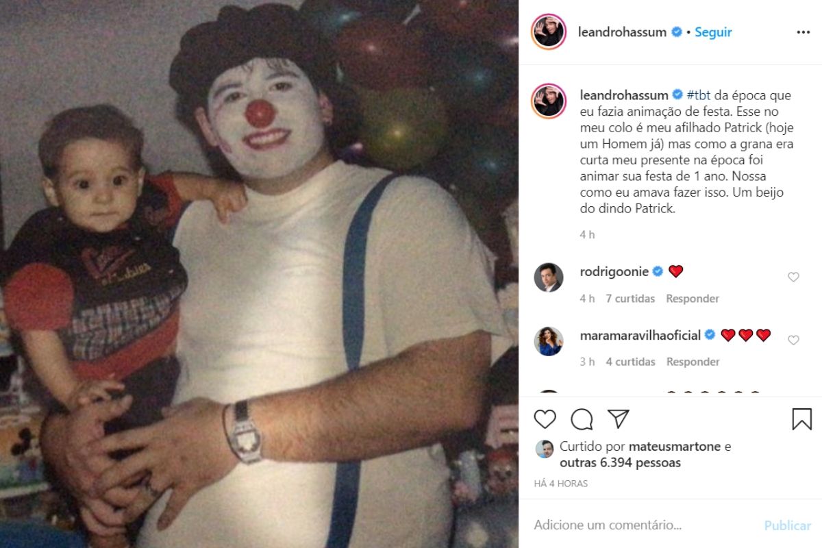 A publicação do ator, relembrando a época em que ele animava festas infantis - Reprodução: Instagram