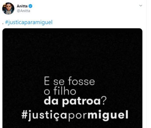 "E se fosse filho da patroa?”, pergunta Anitta ao citar morte de Miguel