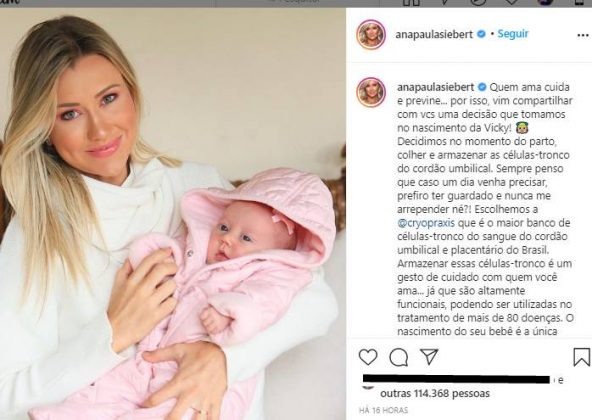 Ana Paula Siebert revela detalhe sobre o parto da filha, Vicky
