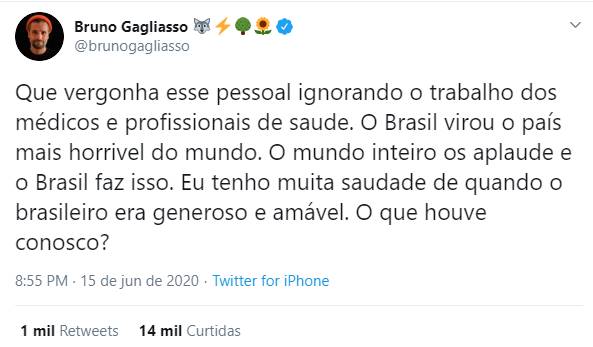Bruno Gagliasso desabafa sobre o Brasil: "País mais horrível do mundo"