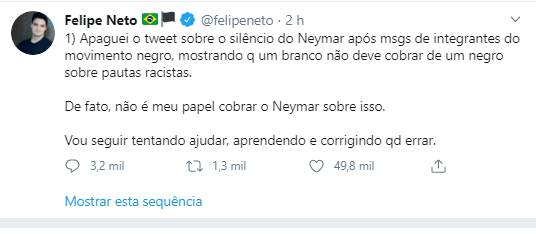 Felipe Neto apaga mensagem sobre Neymar e explica o motivo