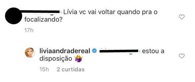 Lívia Andrade responde fã sobre retorno ao 'Fofocalizando'