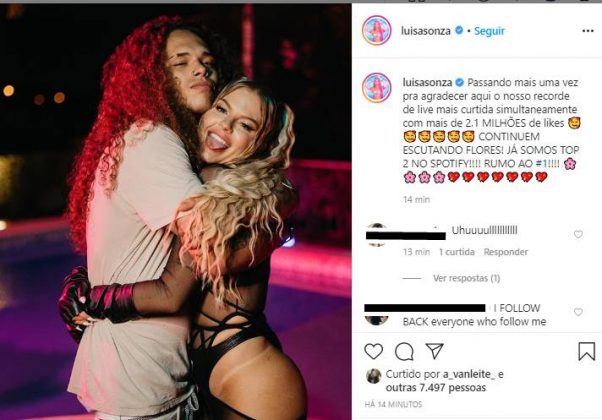 Luísa Sonza surge agarrada com Vitão e comemora sucesso
