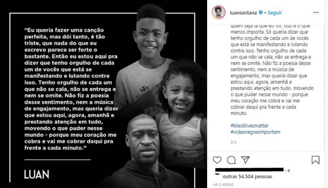 "Queria aquecer, abraçar e acalentar todos", diz Luan Santana sobre vítimas de racismo