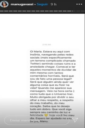 Print Manu Gavassi Instagram Manu Gavassi desabafa sobre ansiedade: “Comecei a duvidar de mim - Foto: Reprodução/Instagram@manugavassi