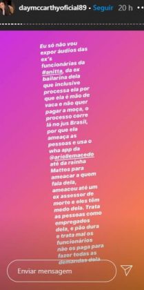 Day Mccarthy pede para que Leo Dias mande podres de Anitta ''quero ver justiça'' - Foto: Reprodução/Print Instagram@daymccarthyoficial89