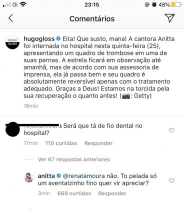 Internauta debocha de internação de Anitta e cantora manda recado