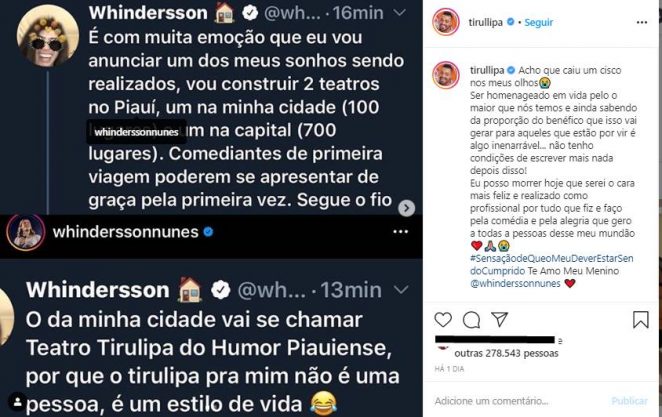 Tirullipa se emociona com iniciativa de Whindersson Nunes