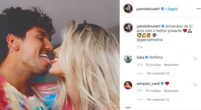 Yasmin Brunet surge agarrada com Medina no aniversário de 32 anos